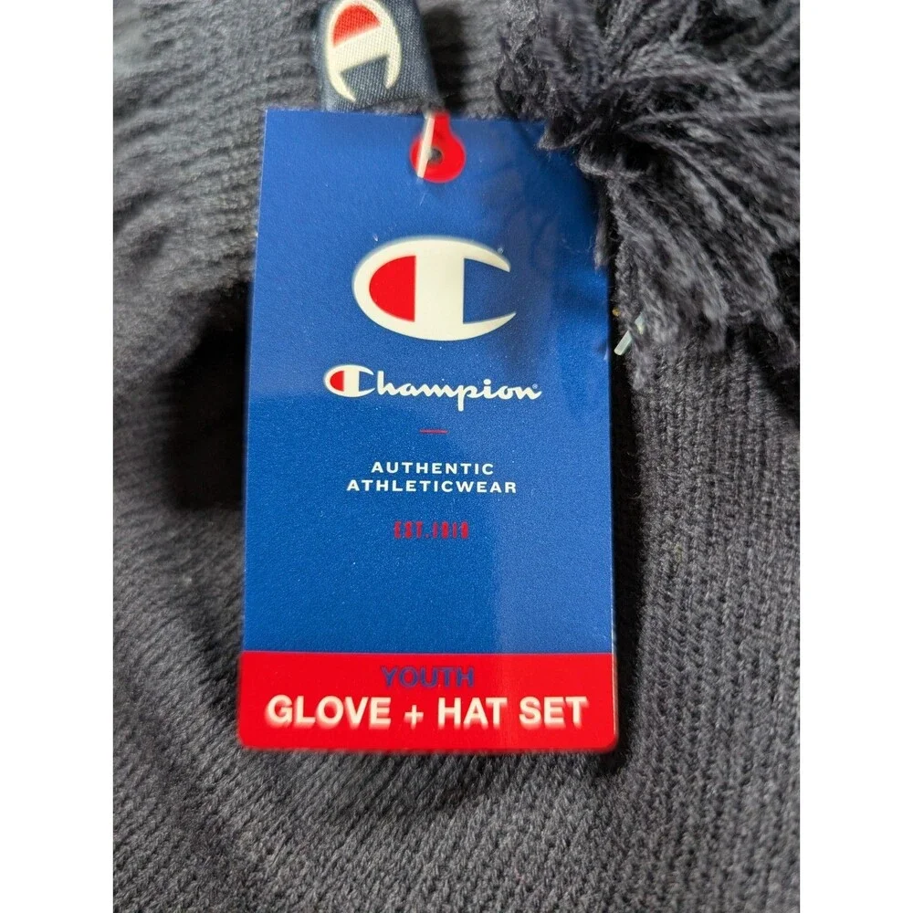 Champion Youth Blue Beanie Gloves Set Knit Logo Winter Cold Weather Unisex Kids